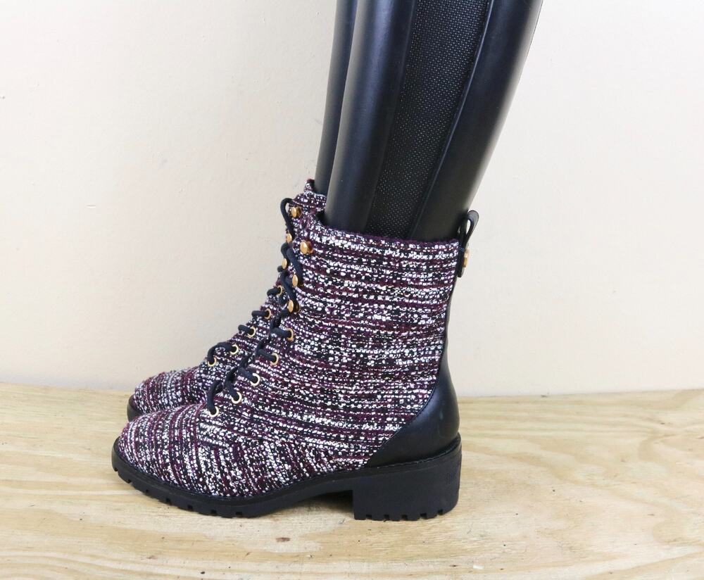 New Tory Burch Boots 8M Purple Tweed Leather Miller Combat Ankle Shoes
